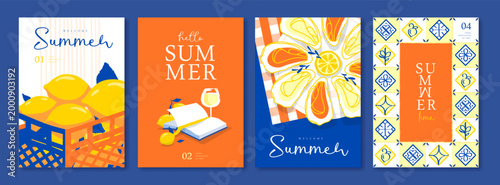 Set of summer Italian posters or covers with cocktail, tiles, lemons, oysters, book and tablecloth. Vector illustration