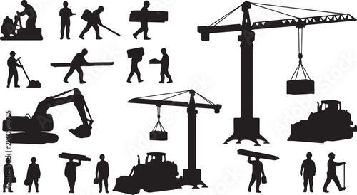 Set of 20 Construction Worker and Heavy Equipment Silhouettes Vector