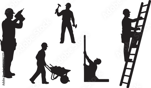 Set of 5 construction worker silhouettes with tools vector