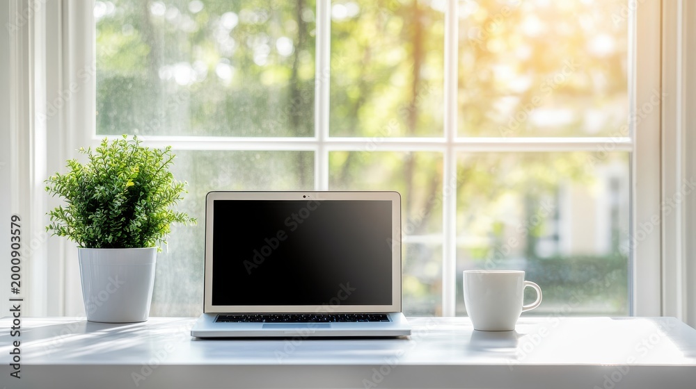Fototapeta premium Laptop computer with plant and coffee mug on a desk in front of a bright window