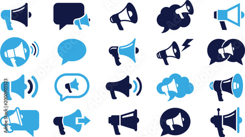 Fotografía Collection of megaphone and speech bubble icons representing communication and announcement isolated on white