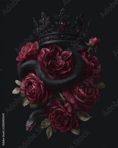 Black crown with snake surrounded by red roses