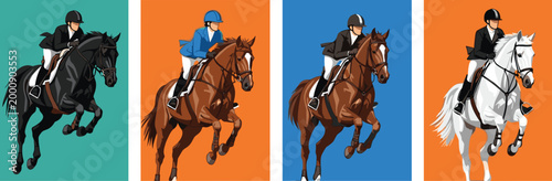 Equestrian Show Jumping Riders on Different Horses Colorful Background Sports Competition Horseback Riding Athlete Vector Set Illustration Collection