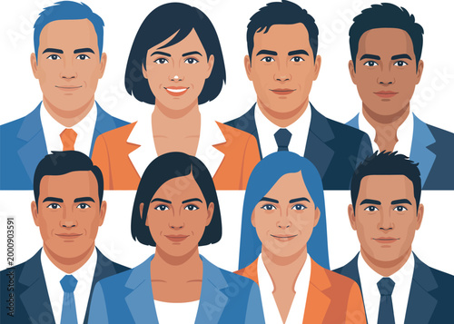 Diverse business people, professional portraits, office workers, vector illustrations, corporate team