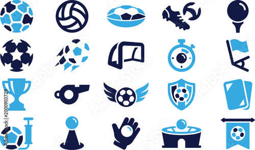 Set of soccer and sports icons featuring balls goals equipment and victory symbols.