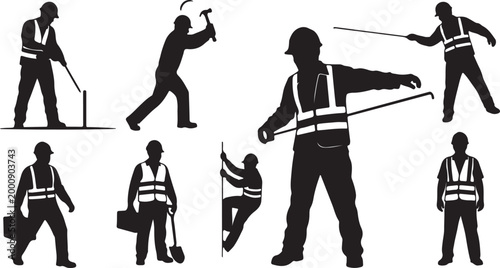 Set of 8 Construction Worker Silhouettes Vector