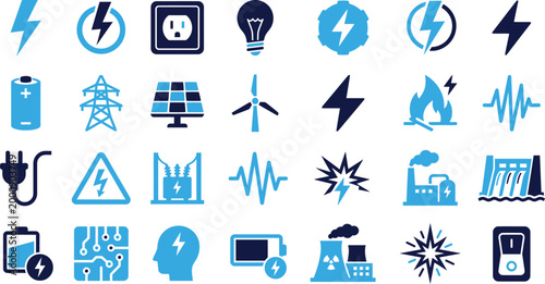 Energy and power icons showing electricity sources renewable energy and electrical components.