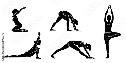 Yoga poses silhouette set for fitness and wellness with silhouette wellness exercise meditation stretching gymnastics training lifestyle flexibility balanced physical activity practice