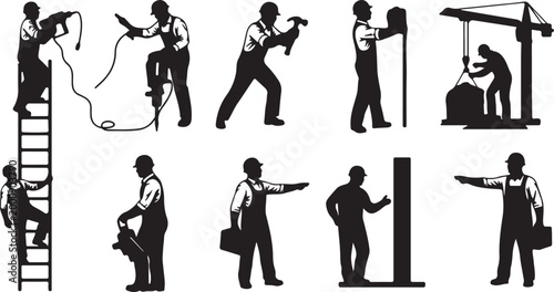 Set of 10 Construction Worker Silhouettes Vector