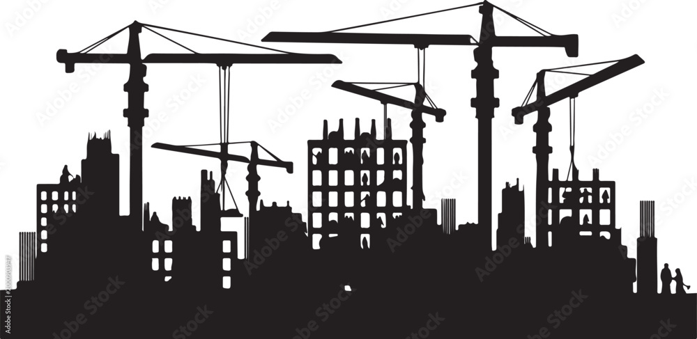 Naklejka premium Construction Site Cityscape Silhouette Vector Illustration