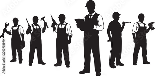 Set of 7 Construction Worker and Tradesman Silhouettes Vector