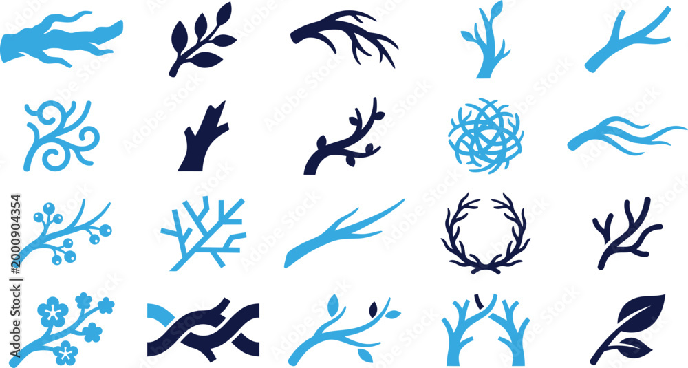 Fototapeta premium Set of branch and twig icons in blue and dark blue colors.