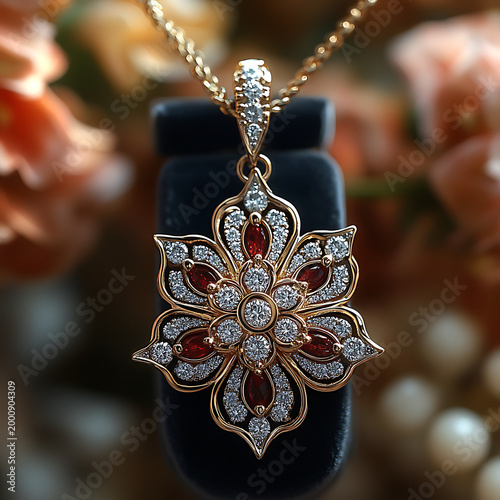 Intricate silver and red filigree pendant on dark background
