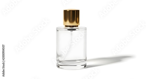 empty perfume bottle with gold cap on white background