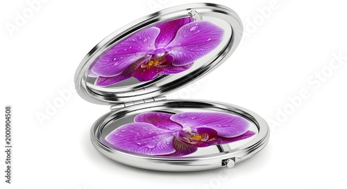 Purple orchid flower design on silver compact mirror