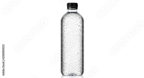 Sparkling water bottle with black cap on white background