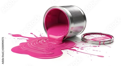 Pink paint spilling from a silver can on white background