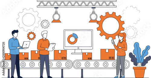 Smart logistics and automated warehouse production line with workers monitoring conveyor belt and shipping boxes flat vector illustration