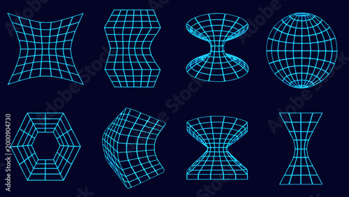 Photos eight blue wireframe geometric shapes on dark background high quality profession