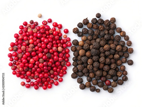 Two piles of peppercorns one red and one black on a white background