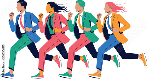 Business people running, colorful office workers jogging, cartoon professionals in motion, teamwork and collaboration