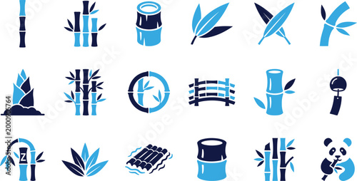 Foto Bamboo stalks, leaves, and related elements in stylized graphic illustrations, blue and dark blue