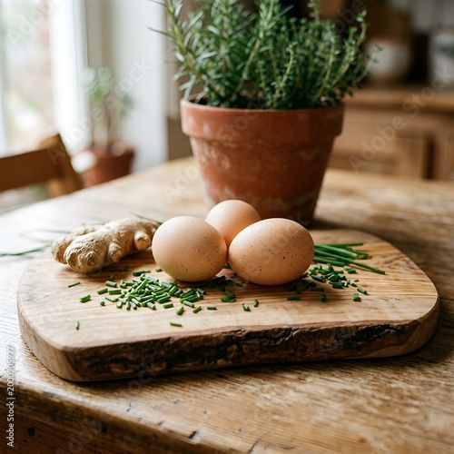 Brown eggs and ginger on wooden cutting board with herbs on kitchen table indoors.