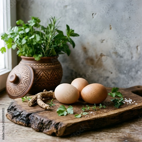 Brown eggs on wooden cutting board with herbs and salt  rustic kitchen scene.