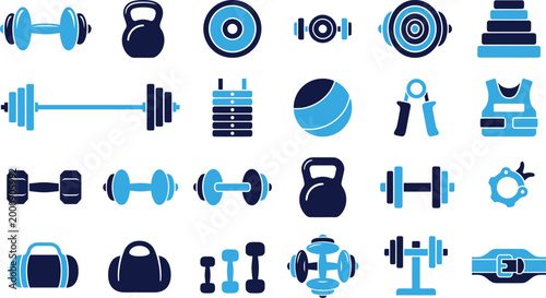 Collection of gym and fitness equipment icons on white background.