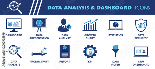 Data Analysis and Dashboard Icon Set. Collection of Productivity, Presentation, Report, Analyst, Growth Chart, Statistics, KPI, CRM and More Icons. Editable Flat Vector Illustration.
