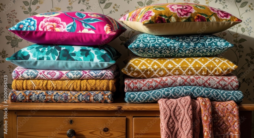 Fototapeta premium Neatly stacked bright patterned cushion covers and a knitted throw on wooden furniture