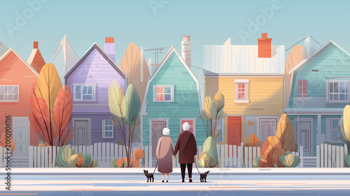 Older couple walking hand in hand with cats in a colorful neighborhood during autumn