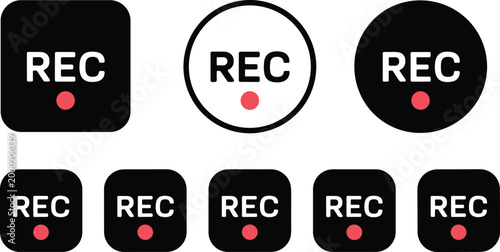 Cartoon recording icons with REC text and red dot indicators in varied shapes vector illustration