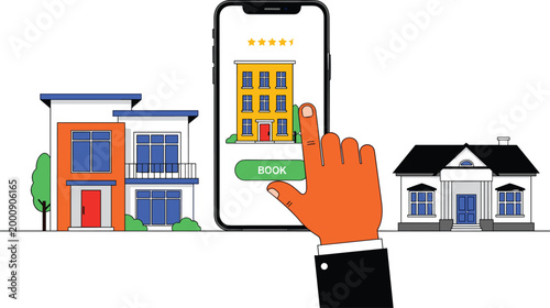 Online real estate booking concept with hand touching smartphone screen to choose house or apartment for rent or sale flat vector illustration
