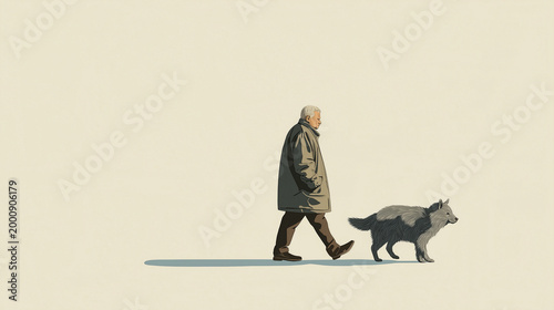 Elderly man walking with a dog on a calm, sunny day in a minimalist environment