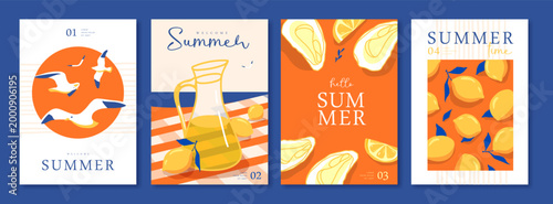 Set of summer Italian posters or covers with lemonade, seagulls, lemons, oysters and beach landscape. Vector illustration