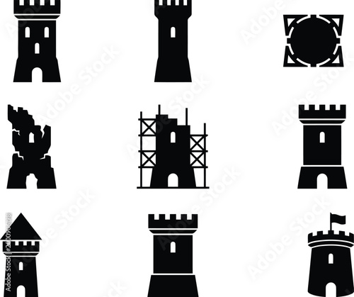 Tablou pe pânză Medieval castle tower icons set, black silhouette fortress and bastion symbols,