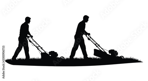 Two men mowing lawns with push mowers black silhouette high quality