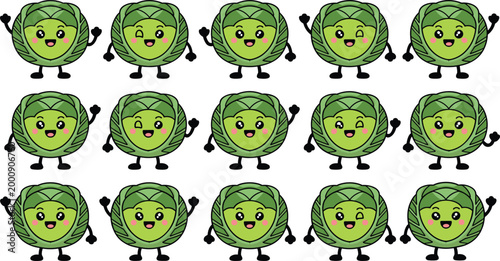Vector illustration of cartoon cabbages with cute faces, expressive poses and playful anthropomorphic designs in decorative design