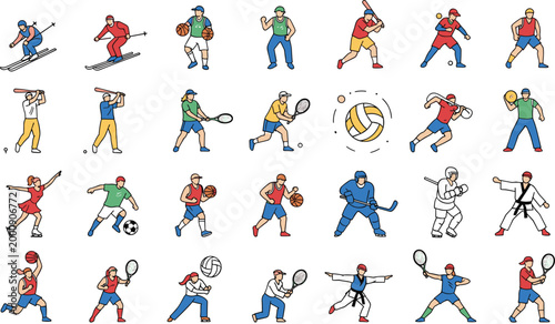 Large collection of various athletes playing different sports including tennis soccer baseball basketball skiing and martial arts isolated on white background flat vector