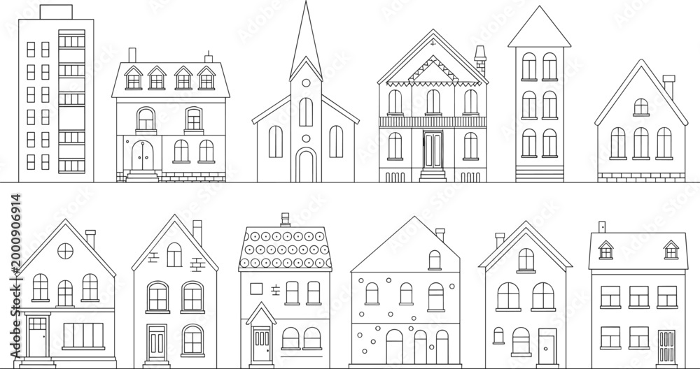 Fototapeta premium Vector illustration of diverse buildings including houses, apartments, church and Victorian architecture in decorative design