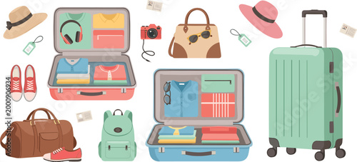 Flat Design Travel Luggage and Packing Essentials Set with Suitcases Backpacks and Vacation Accessories