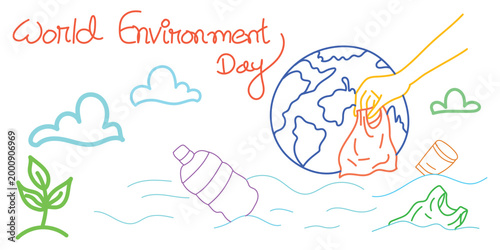 world environment day illustration, environmental awareness concept with earth plastic pollution and recycling, eco protection campaign design
