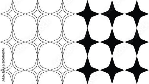 Vector illustration of geometric star patterns in outlined and filled designs with symmetry and repetition in decorative design