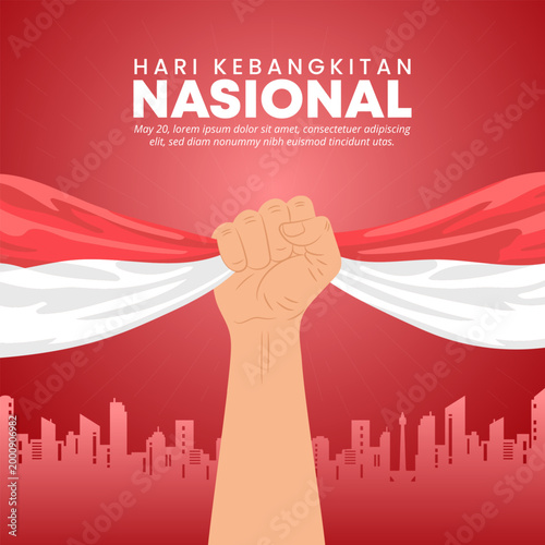 Indonesian National Awakening Day greeting shown with clenched fist and flag in a patriotic style