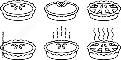 Vector illustration of pies in diverse crust designs with steam and decorative toppings in decorative design
