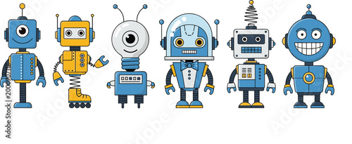 Collection of cute friendly robot characters with various designs including cyborgs and androids for technology and artificial intelligence concepts flat vector illustration