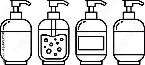 Vector illustration of pump bottles in diverse soap, lotion and sanitizer container designs in decorative design