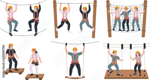 Vector illustration of rope course activities with people in harnesses and helmets in decorative design