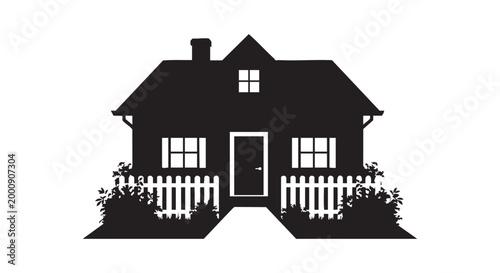 Charming suburban house silhouette with picket fence and garden bushes representing residential home and family living.